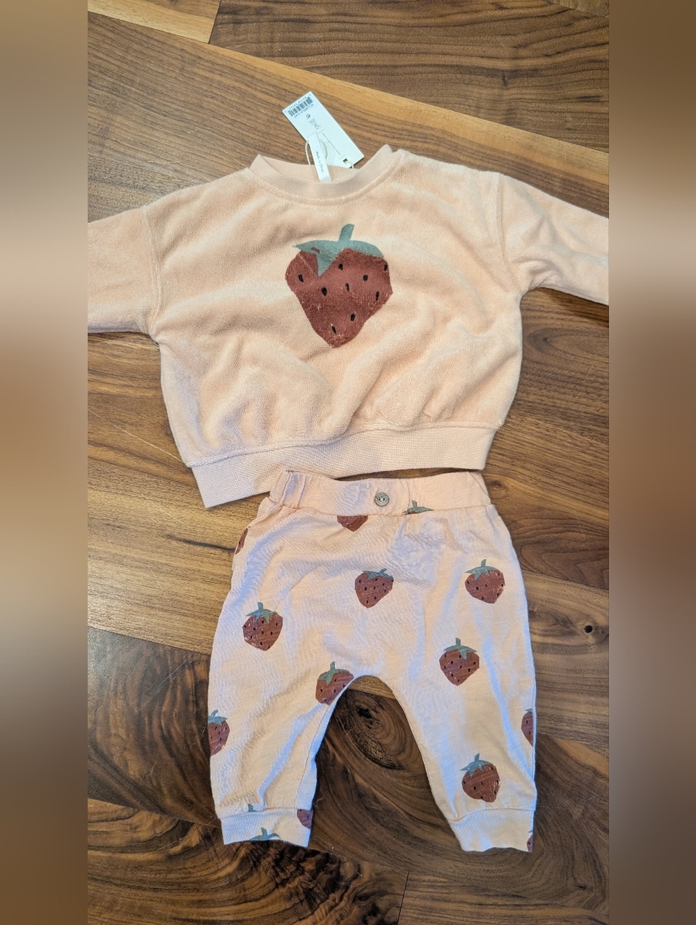 Quincy Mae Peach Pink Terry Sweatshirt and Strawberry Print Pants Set - 3 Piece
